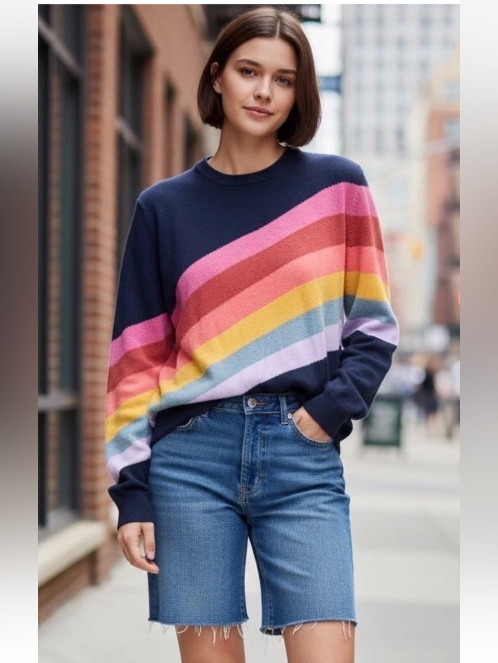 Marine Layer Sunset Icon Sweater Size XS 100% Cotton Black Multicolor Striped